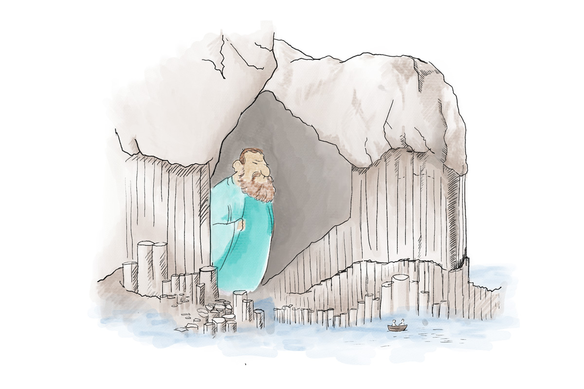 Illustration of a cave made of hexagonal columns with a giant looking out