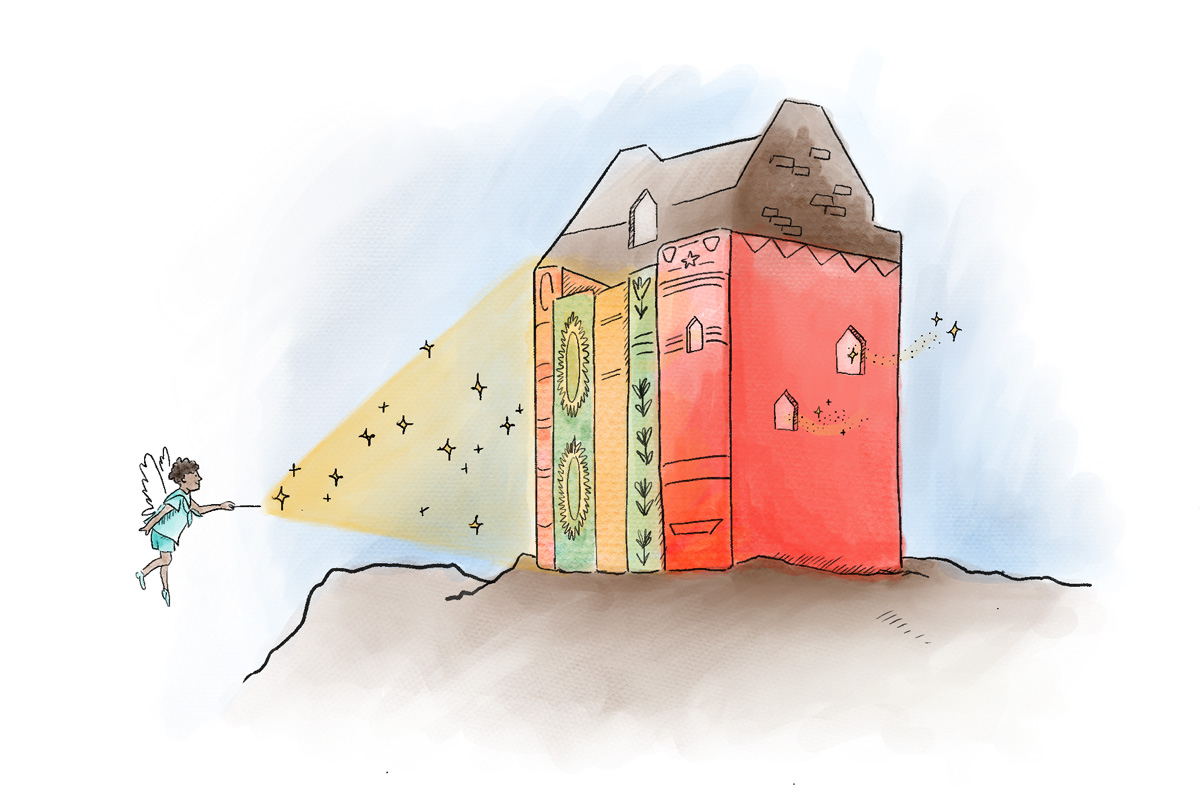 An illustration of a tower house turning into a book, with the cover opening