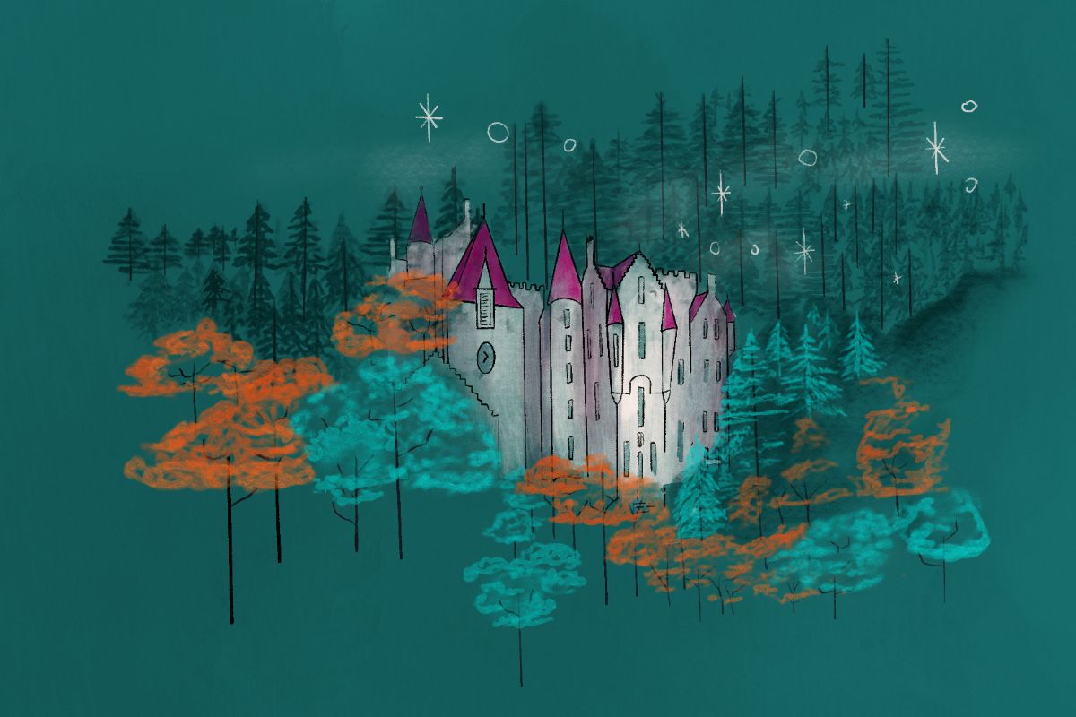 Colourful illustration of fairytale castle in trees with green background