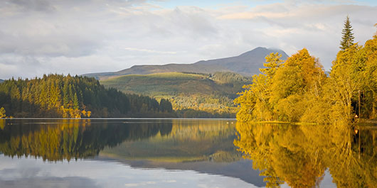 Looking across a loch towards trees and a mountain