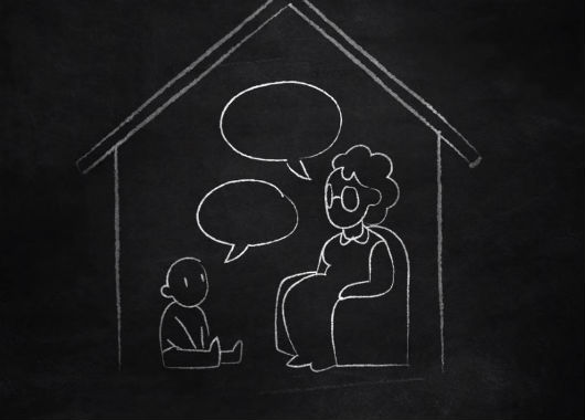 An illustration of a woman talking to a child