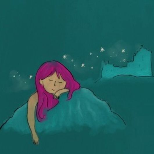 Illustration of girl with pink hair sleeping beside a castle