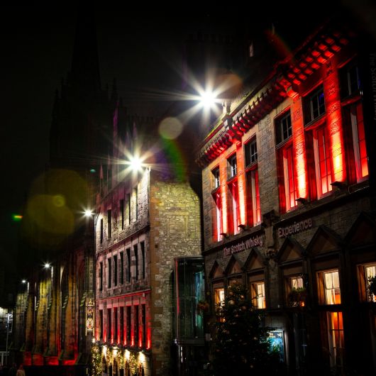 The Witchery lit up at night