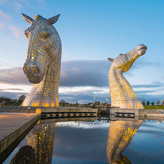 The Kelpies against a sunset