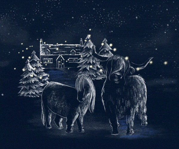 An illustration of a Highland cow and pony set against a snowy nighttime scene with a cottage and trees